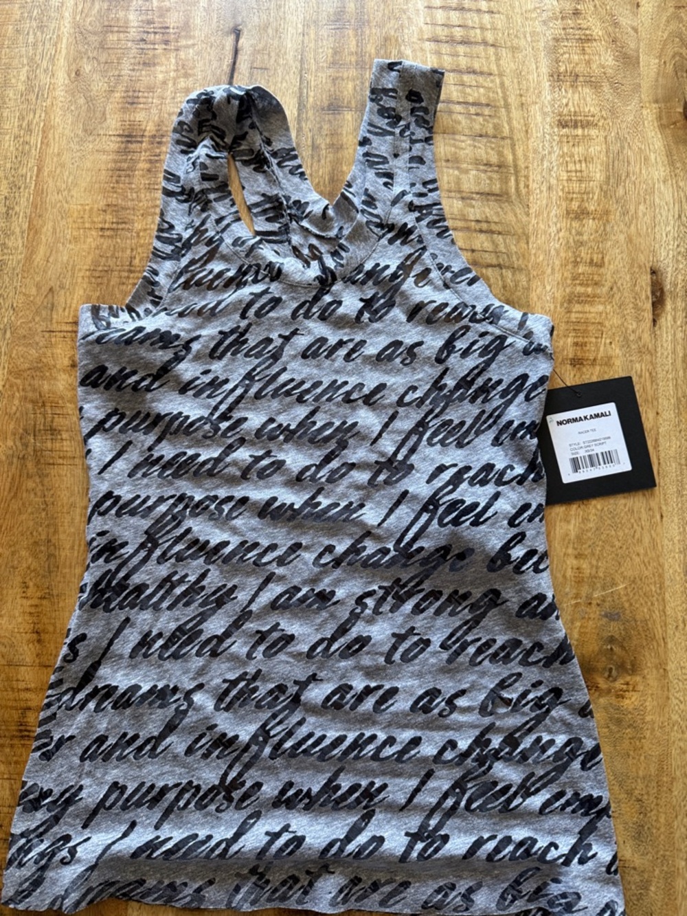 Norma Kamali Gray Script Racerback Racer Tank words burnout XS NWT